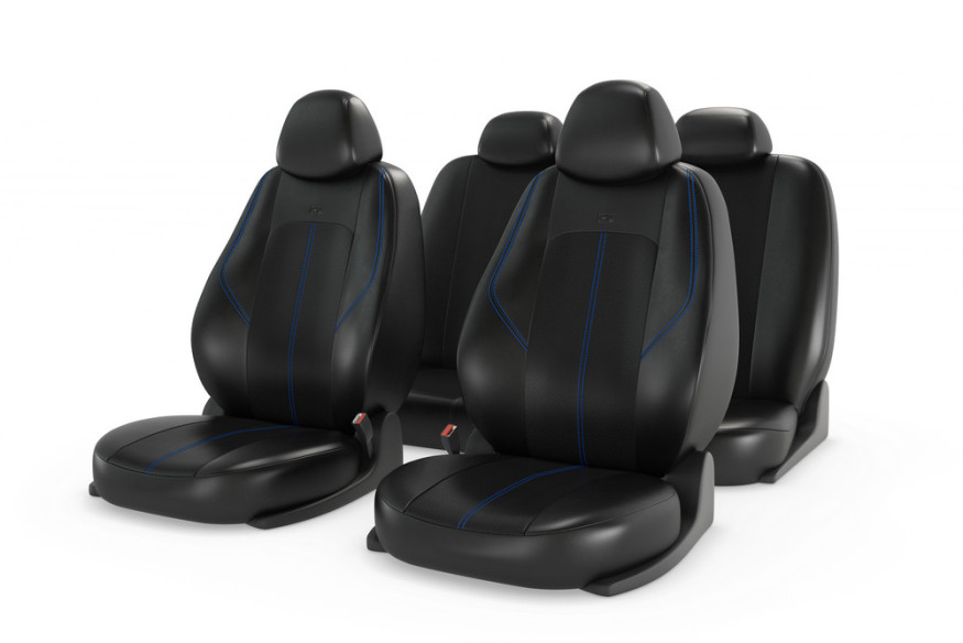 Чехлы  «RANGER LEATHER», черный/черный/синяя отстрочка  (Экокожа)