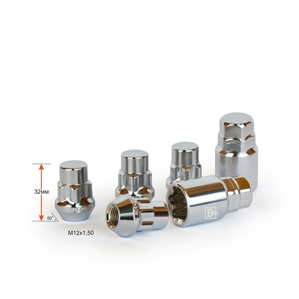 Секретные гайки  М12x1,5 H=32мм, конус, закрытая, хром (ключ 19/21)
