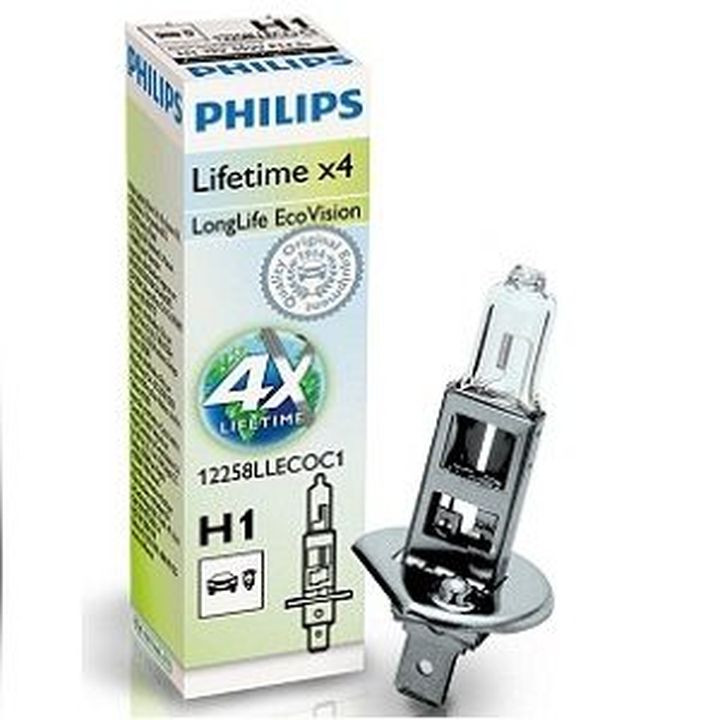 Автолампа Philips 12V   H1  55W  P14,5s  LongLife  EcoVision карт.1шт. (увелич.срок службы)