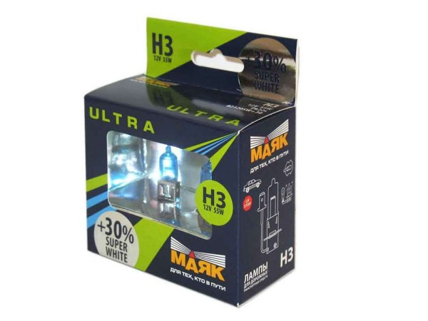 Лампа МАЯК 12V    H3   55W  Ultra  РK22s  Super White+30% (к-т.2шт)