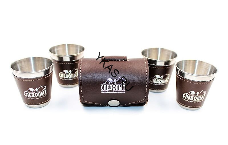 Рюмка «СЛЕДОПЫТ» 60 мл, в кожаной тубе, рюмки в доп. кожаном оплете (4 шт.)