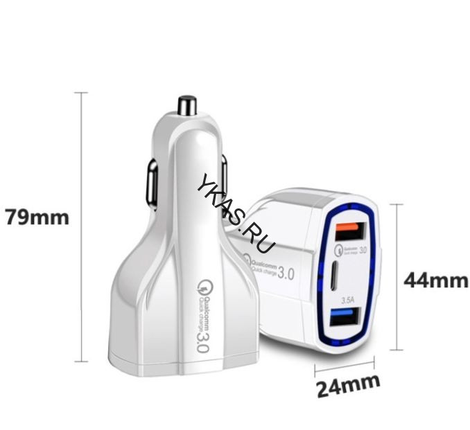 АЗУ  Carlife  3USB (12/24V - 5V 3,5A +USB Type C) QC3.0 (быстрая зарядка) Белый