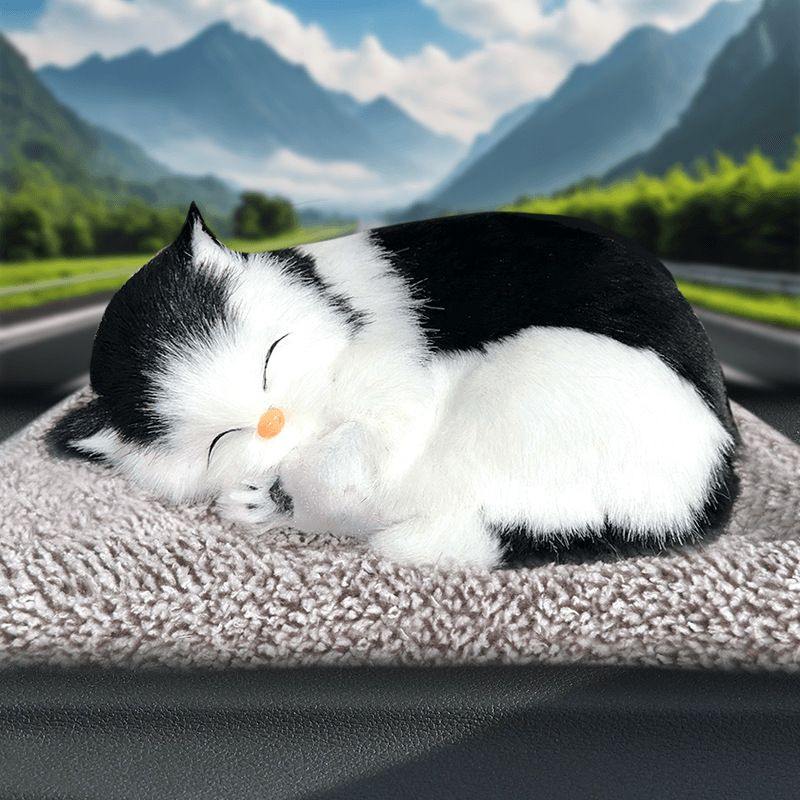 Кошка на торпеду лежащая на коврике черно-белая