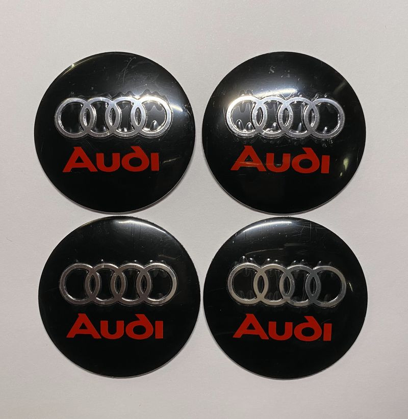 Этикетки на диски (метал)  диам. 56,5мм.  "AUDI" черный-красный  (4 шт.)