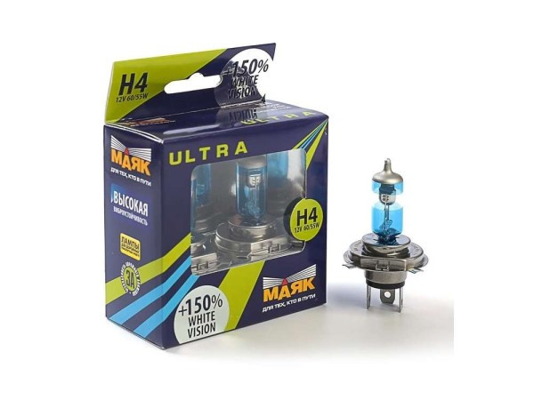 Лампа МАЯК 12V    H4   60/55W  Ultra  P43t White Vision+150% (к-т.2шт)