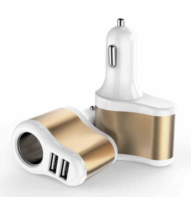 Разветвитель прикуривателя  1 выход + 2 USB ,  (металл корпус) Золото
