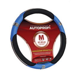 Оплетка на руль  Autoprofi  150 BK/BL M  чёрн./синий /хром кольца / кожа +кож.зам