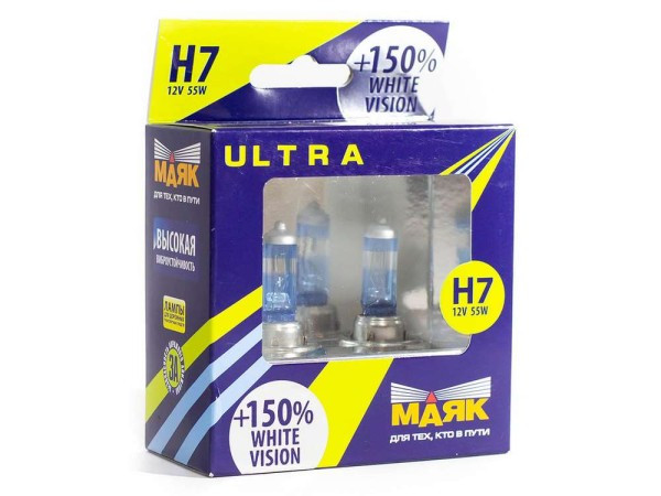 Лампа МАЯК 12V    H7   55W  Ultra  PX26d White Vision+150% (к-т.2шт)
