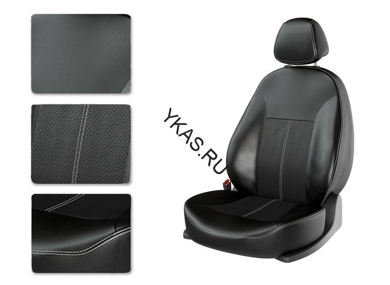 Авточехлы  Экокожа  Hyundai Solaris II  с 2017г- черный/черный/белый (Premium)