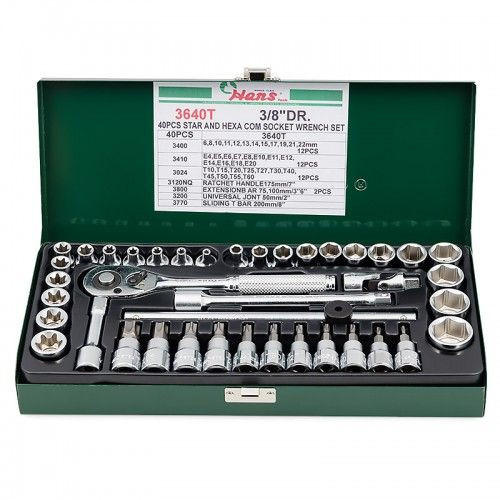 Инструмент HANS. Набор головок TORX на 3/8" , 40 предм.: М6-М22, Е4-Е20, Т20-Т60