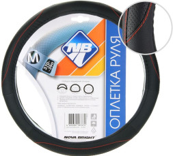 Оплетка на руль Nova Bright 48403 - М экокожа, черная с перфорир. вставками и красной прострочк