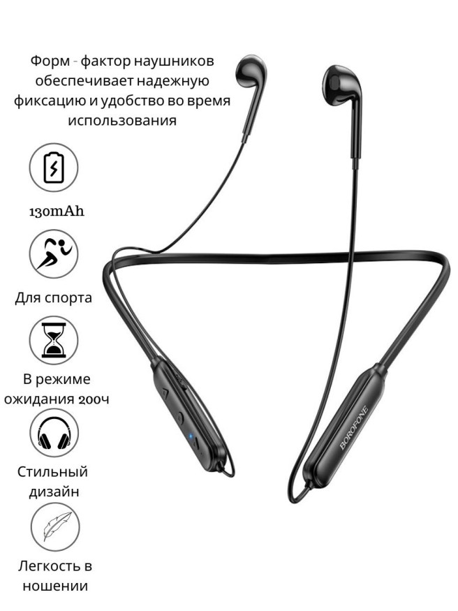 Наушники BOROFONE BE52 Ear sports, Bluetooth, 130 мАч, черный
