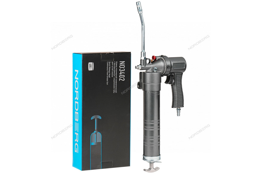 Шприц пневматический NORDBERG NO3402 для густой смазки с быстросъёмным соединением головки на тубу и поворотом рукоятки (400 мл) 