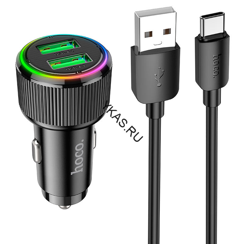 АЗУ  HOCO  2USB (12/24V - 5V 2,4A) 18W + кабель TYPE-C  Черный
