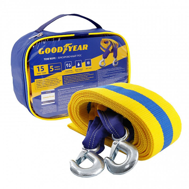 Трос буксировочный  "GOODYEAR"  15т лента 80мм х 5м, 2 крюка, сумка