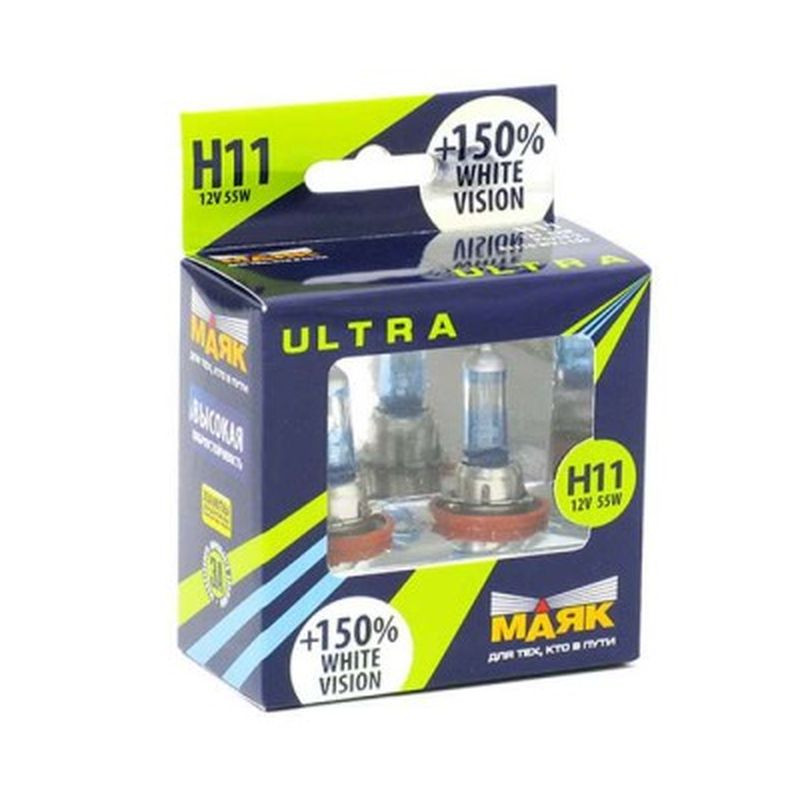 Лампа МАЯК 12V    Н11  55W  Ultra PGJ19-2 White Vision+ 150% (к-кт 2шт)