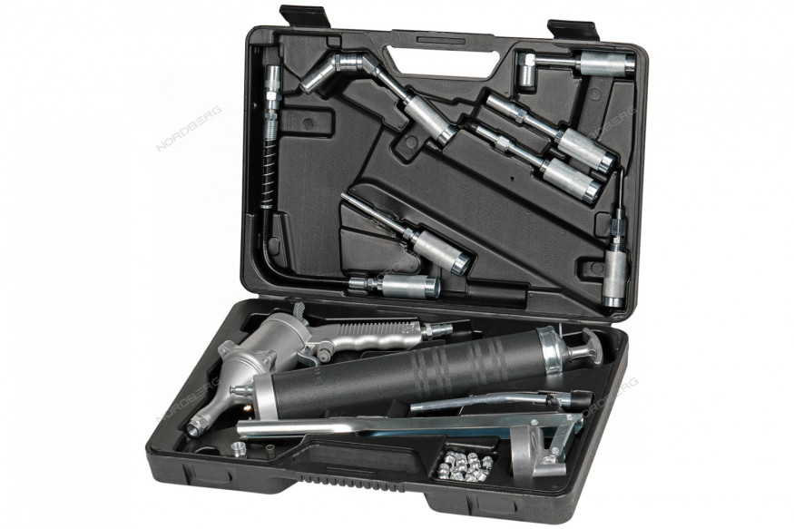 Шприц плунжерный NORDBERG NO3404 для густой смазки (400 мл, поворотная рукоять, кейс + насадки)