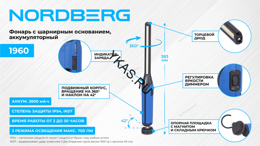 Аккумуляторный фонарь светодиодный NORDBERG 1960 с шарнирным основанием
