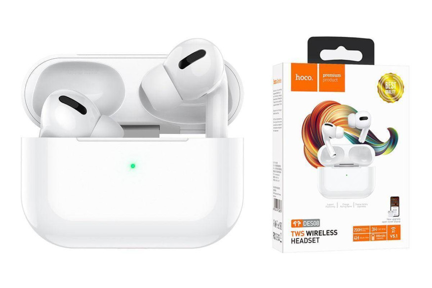 Наушники HOCO DES08 TWS вакуумные, Bluetooth, 300 мАч, белый