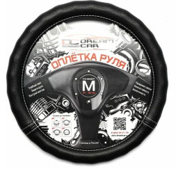 Оплетка на руль DC Волна M гладкая экокожа черная с белой строчкой