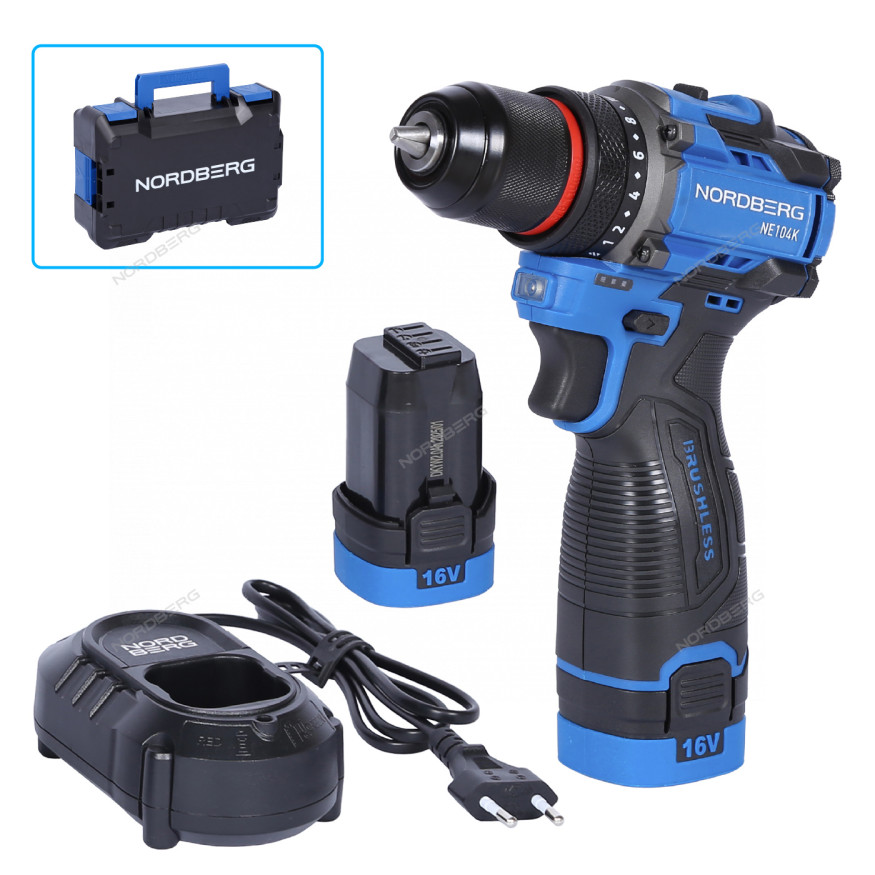 Шуруповерт аккумуляторный NORDBERG NE104K (Ø сверла до 10 мм, 16В, 60 Нм)