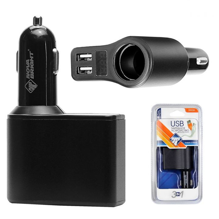 Разветвитель прикуривателя  1+2USB  "Nova Bright"  2100мА, цифровой вольтметр, LED подсветка, 12/24В