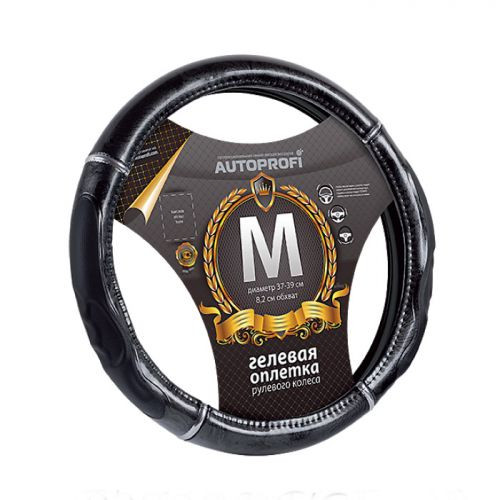 Оплетка на руль  Autoprofi  GL-1025 BK M черн.+вставки мрамор /гелев.наполн. /PU кожа , спорт дизайн
