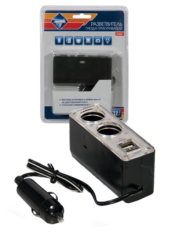 Разветвитель прикуривателя  2 выхода "Nova Bright"  c двумя USB