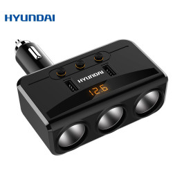 Разветвитель прикуривателя 3 выхода +2USB "Hyundai" с вольтметром