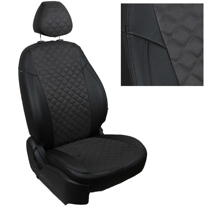 Авточехлы  Экокожа  VW Tiguan с 2017г.- черный (trend, без столиков) РОМБ (алькантара)