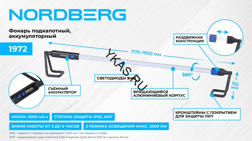 Фонарь светодиодный аккумуляторный NORDBERG 1972 (под капот)