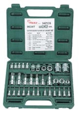 Инструмент HANS. Набор торцевых головок 1/2",3/8",1/4"  внутренний и наружный ТОРКС 34предм.