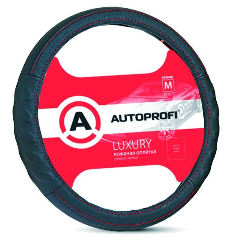 Оплетка на руль  Autoprofi "LUXURY"  1070 BK М  черная /БО/кожа с красной строчкой