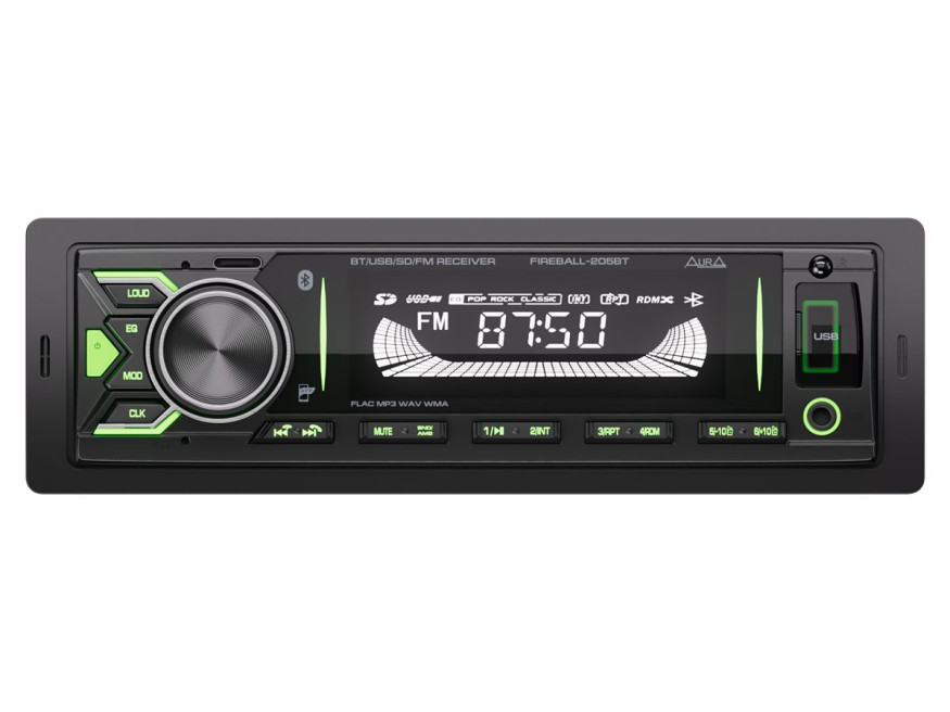 Автомагн.  AURA AMH-205BT Black/Green USB/SD ресивер , 4х51 Вт