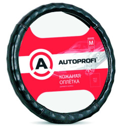 Оплетка на руль  Autoprofi "LUXURY"  765 BK М  черная /БО/кожа "ребристая"