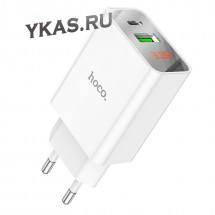 Адаптер 220V  HOCO  USB+Type C, QC3.0 (быстрая зарядка) + вольтметр