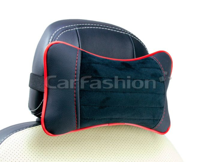 Подголовник-подушка "MONACO"  чёрный/чёрный/красный  (экокожа-велюр, полоса)  (компл.2шт)