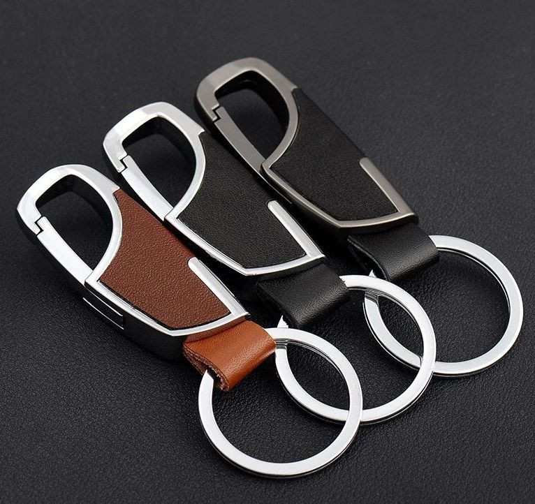 Брелок  "КАРАБИН" карабин (1 кольцо)  Серая сталь + черная кожа