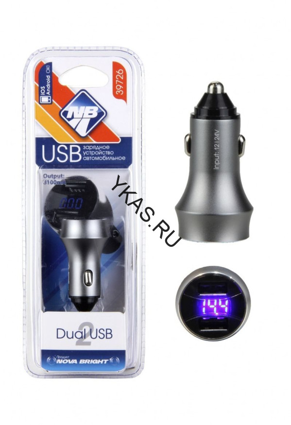 АЗУ  "Nova Bright"  2 USB-порта, 3100мА + цифровой LED вольтметр, 12/24В