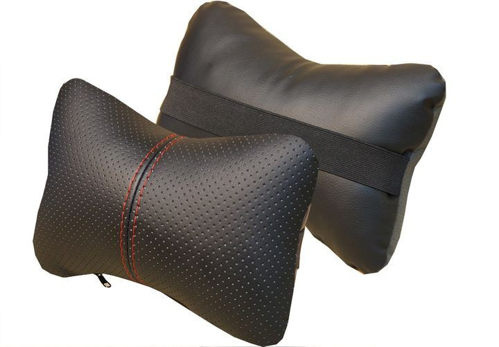 Подголовник-подушка "ЭКОКОЖА" черный/черный с синей ниткой