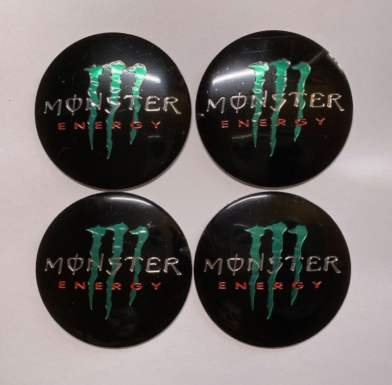 Этикетки на диски (метал)  диам. 56,5мм.  "MONSTER ENERGY" черный  (4 шт.)