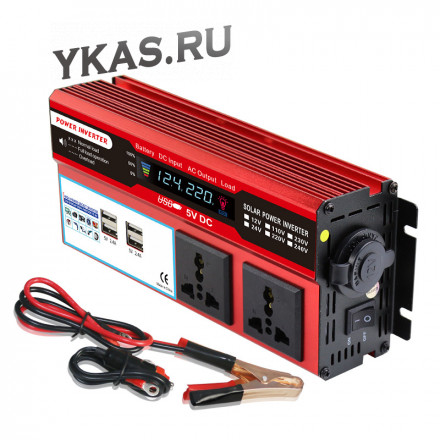 Преобраз. напряжения  Carlife  12-220V   1000W, две розетки, 4 USB, вольтметр (пиковая 2000W)