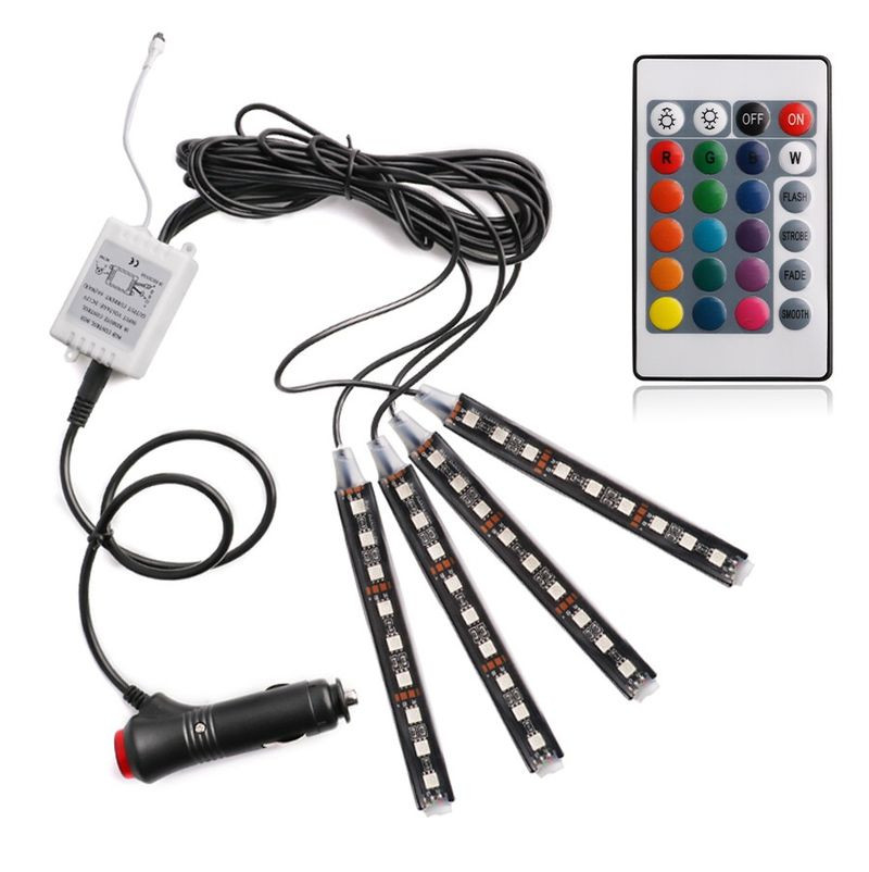 Подсветка салона диодная RGB многоцветная, 4шт по 9 диодов  (прикуриватель)