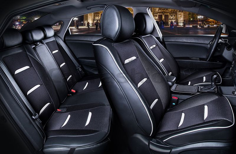 Комплект Накидок  «BUSINESS PLUS»  Черный/Черный/Белый  (ультрадышащая ткань/экокожа)