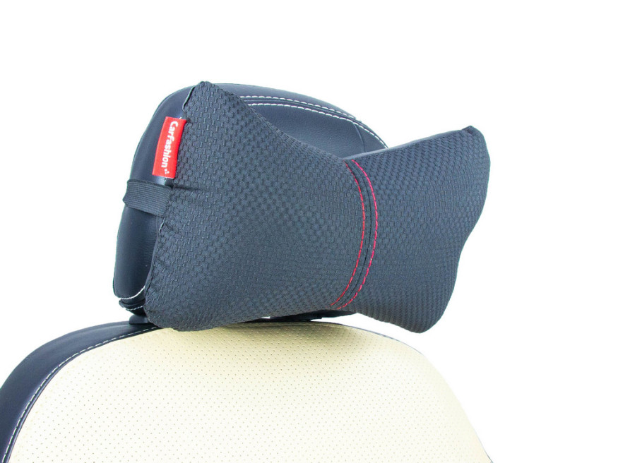 Подголовник-подушка "ЭКОКОЖА/ЖАККАРД" черный/черный/красный