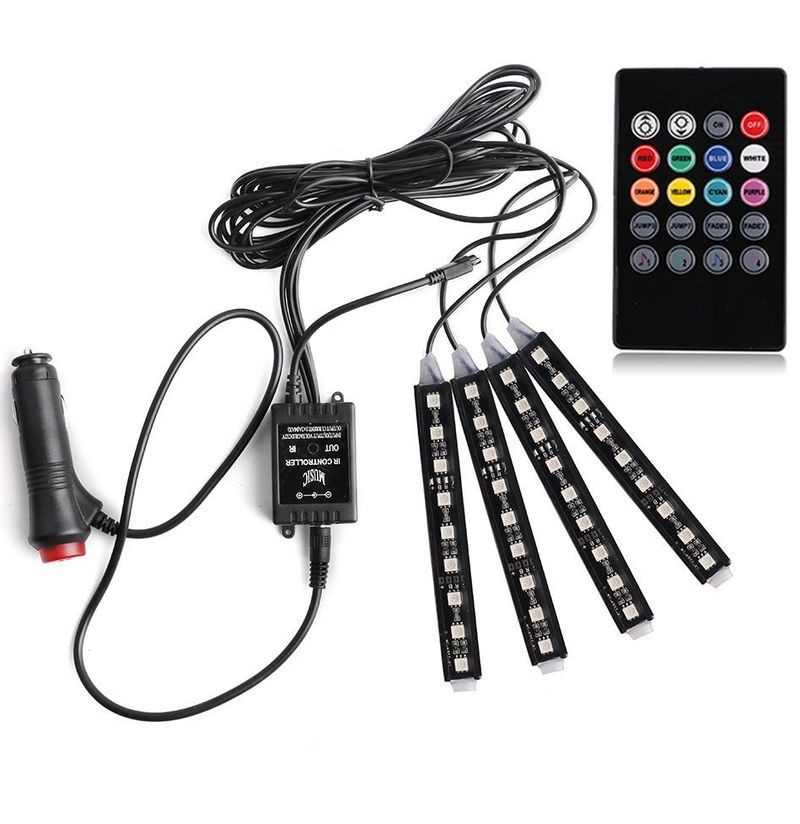 Подсветка салона диодная RGB многоцветная, 4шт по 9 диодов  (прикуриватель)