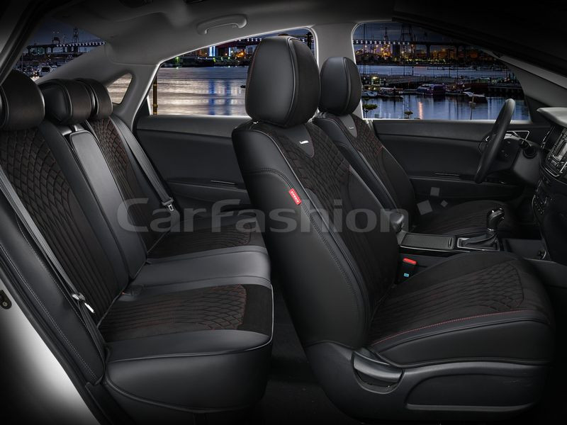 Чехлы  «5D» PREMIUM каркасные «SHELL PLUS» Черный/Черный/Красный  (экокожа/нубук)