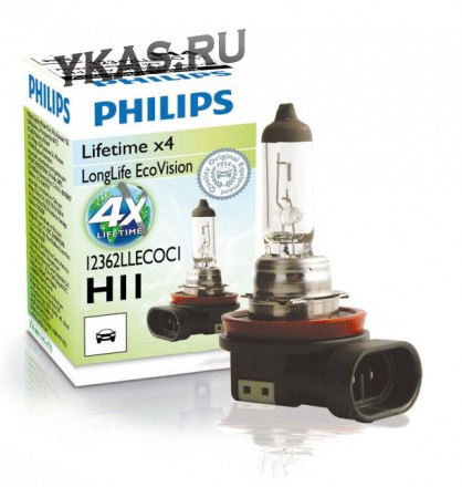 Автолампа Philips 12V   Н11   55W  PGJ19-2  LongLife  EcoVision (карт.1шт)  (увелич.срок службы)