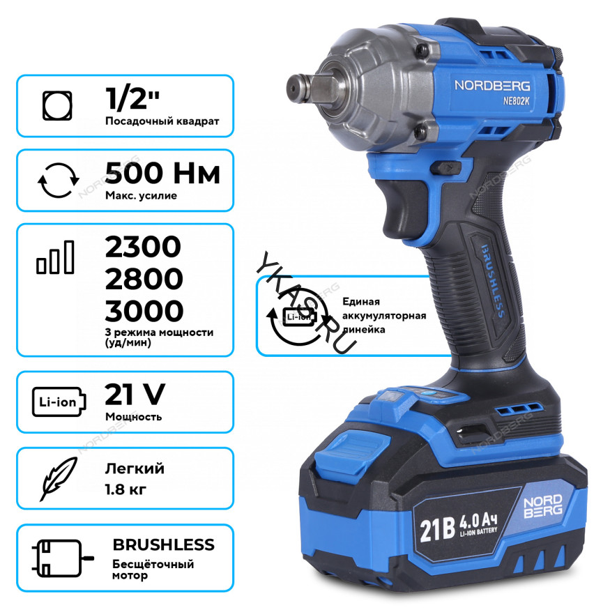 Аккумуляторный гайковерт NORDBERG NE802K (1/2", 21В, 500Нм)
