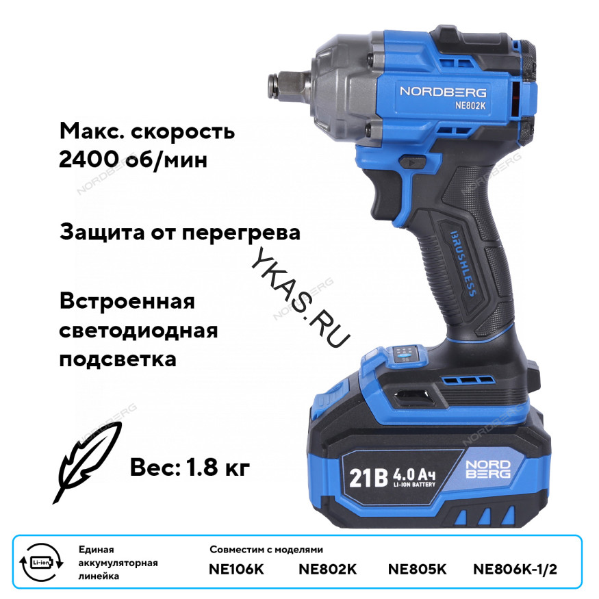 Аккумуляторный гайковерт NORDBERG NE802K (1/2", 21В, 500Нм)